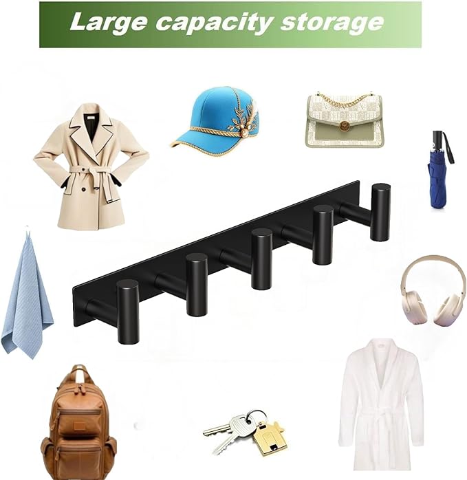 Coat Rack Wall Mounted with 5 Hooks,Heavy Duty Stainless Steel Wall Hooks for Towel Coat Bag, Hat Rack Coat Hanger Coat Hooks Towel Racks for Bathroom Entryway Kitchen Hotel (Black, 2 Packs)