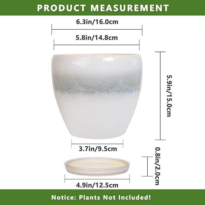 6 Inch Plant Pot - Ceramic Planters for Indoor Ourdoor Plants, Modern Succulent Pot, Round Planter with Drainage Hole and Saucer, Room Office Garden Home Decor, Plant Lover Gifts, White-Grey
