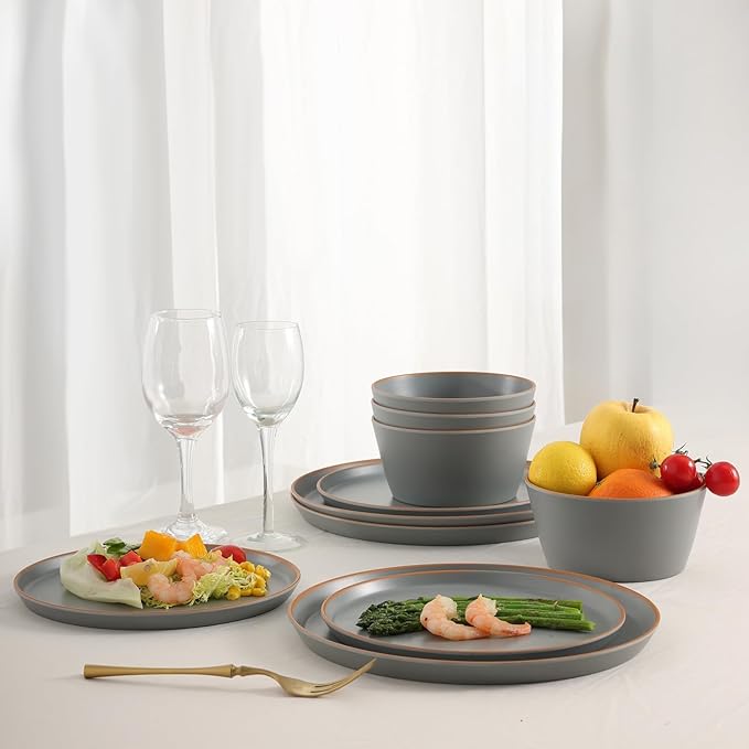 Melamine Dinnerware for 4, 12 Pieces Unbreakable Matte Plastic Plates and Bowls set, Kitchen Dish set BPA Free, Dishwasher Top Safe, Not Microwave, Not Oven (Grey)