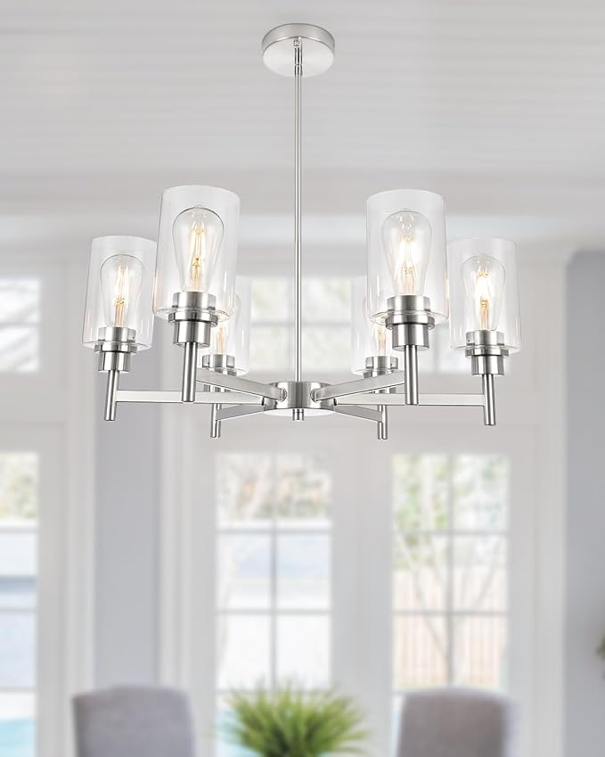 Farmhouse Chandeliers for Dining Room Brushed Nickel Chandelier Fixture with Clear Glass Shades 6 Light Dining Room Light Fixtures Pendant Lights for Kitchen Island Living Room Staircase