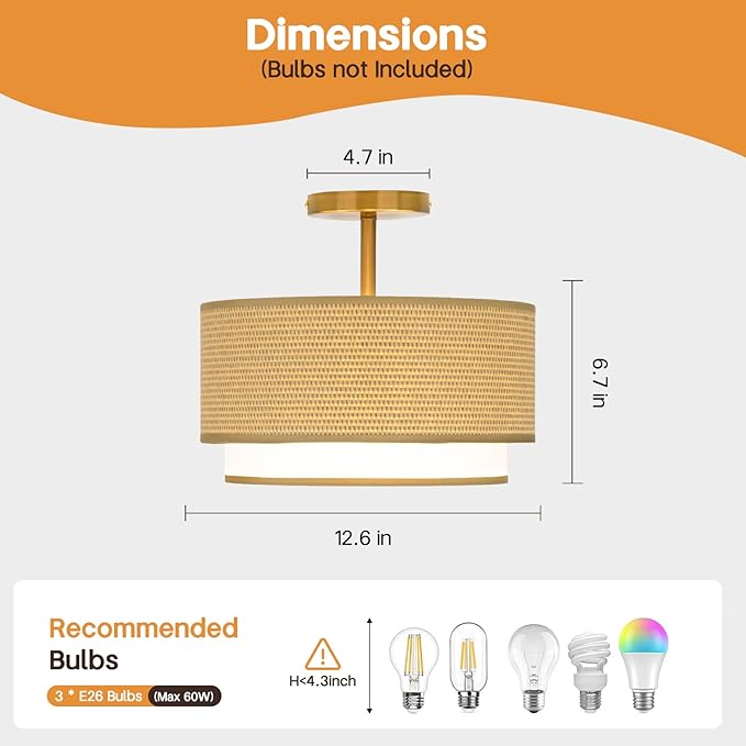 Boho Light Fixtures Woven Rattan-Style Flush Mount Ceiling Light, 12.6inch Closed to Ceiling Light Fixture with 2-Tier Drum Design for Bedrooms, Kitchen, Dining Room, Hallway