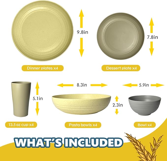 Teivio 20-Piece Kitchen Wheat Straw Dinnerware Set, Service for 4, Dinner Plates, Dessert Plate, Cereal Bowls, Pasta Bowls, Cups,Unbreakable Plastic Outdoor Camping Dishes, Khaki