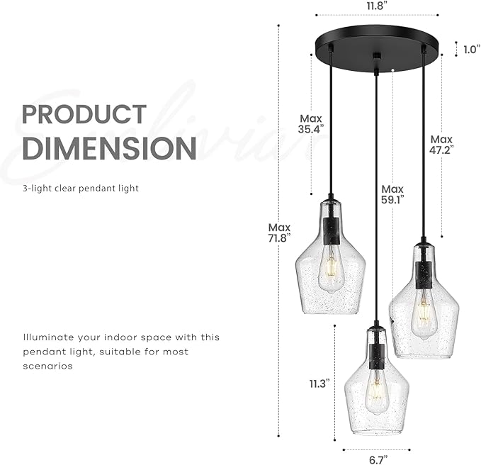 Emliviar 3-Light Chandelier Hanging Light Fixture, Modern Cluster Pendant Lighting for Kitchen Island with Clear Seeded Glass, Black Finish, DYE286G2-3 BK