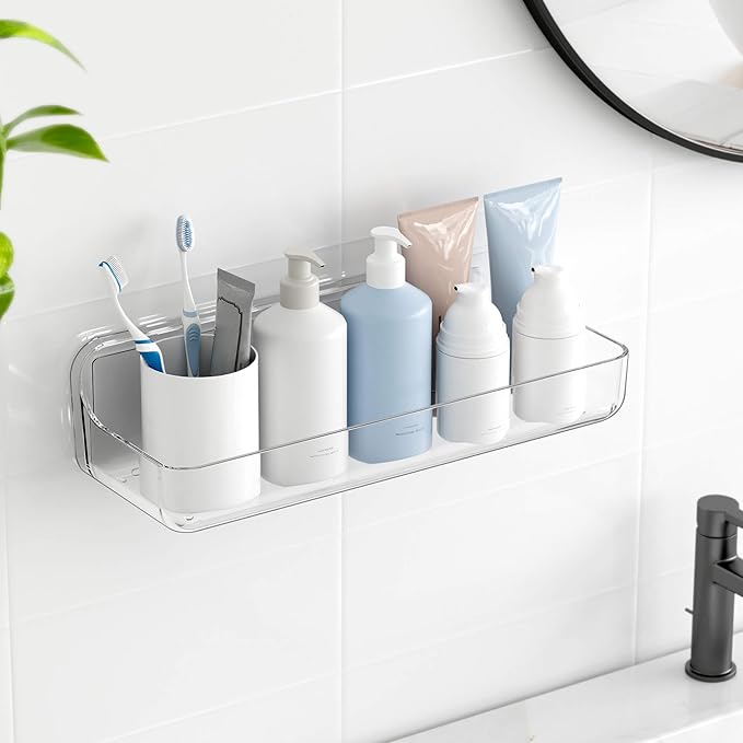 TZAMLI Shower Caddy Bathroom Shelves, No Drilling Self Adhesive Shelf Plastic Clear Shower Organizer, Wall Mounted Rack Inside Shelves for Bathroom Kitchen Storage