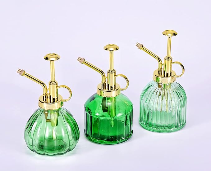 Glass Plant Mister Spray Bottle, 6.5" Green Glass Water Spray Bottle with Gold Top Pump Small Watering Can, Small Plant Sprayer Mister for Indoor Outdoor House Plant, Green+Gold (Green+Gold B)