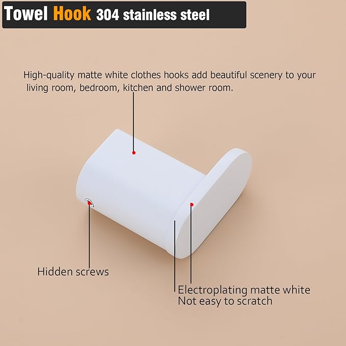 RANDOM White Towel Hooks for Bathrooms Wall Mount Shower Hooks Round Coat Hook Heavy Duty Robe Hook Stainless Steel,2 Packs.96026-8MW