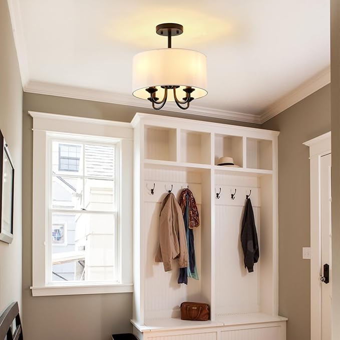 Semi Flush Mount Ceiling Light Fixture Black 4-Light Modern Chandelier Ceiling Light Fixtures Mount with White Drum Fabric Shade 12.6 inch Close to Ceiling Lighting for Foyer,Kitchen, Entryway