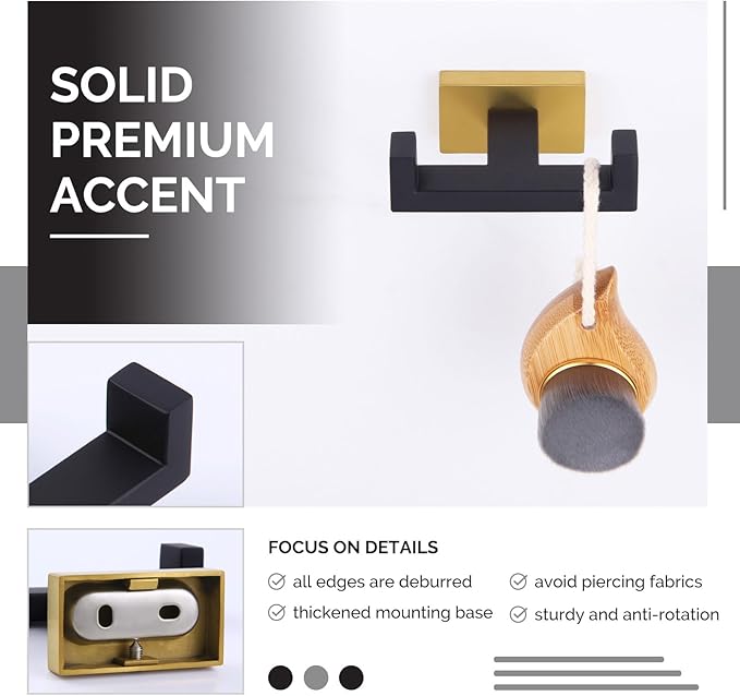 Angle Simple Double Towel Hook Black & Gold, Stainless Steel Bathroom Towel Holder, Coat Robe Hook Wall Mount