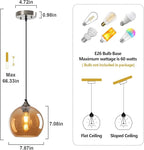 Amber Glass Pendant Lights Kitchen Island Lighting Globe Pendant Light Fixtures Modern Pendant Lighting for Bedroom Living Dining Room Light Fixture (7.87 in, 2 Pack)
