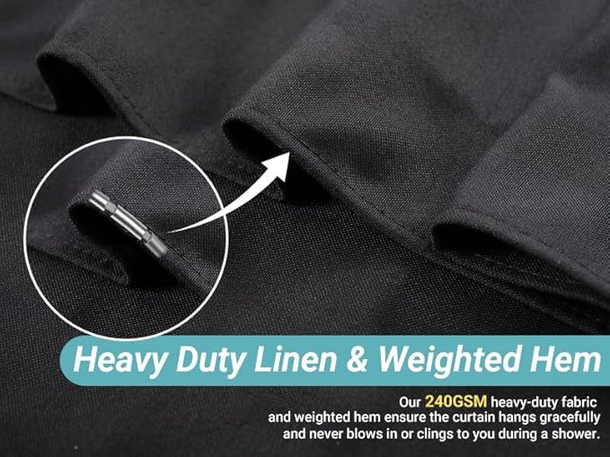 Black Linen Shower Curtain 78 Inches Long, Heavy Duty Cloth Bath Curtain Set with 12 Plastic Hooks Simple Hotel Spa Quality Luxury Shower Curtain for Bathroom, Water Repellent, 72Wx78L