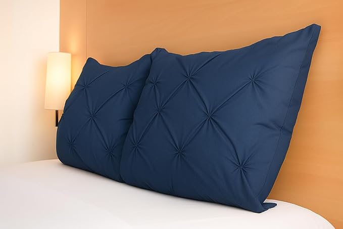 COTTON STICH Pinch Pleated Standard Pillow Shams Set of 2 Navy Blue 600 Thread Count 100 Percent Egyptian Cotton Soft Breathable Skin Friendly Decorative Pillow Covers 20x26 Inch