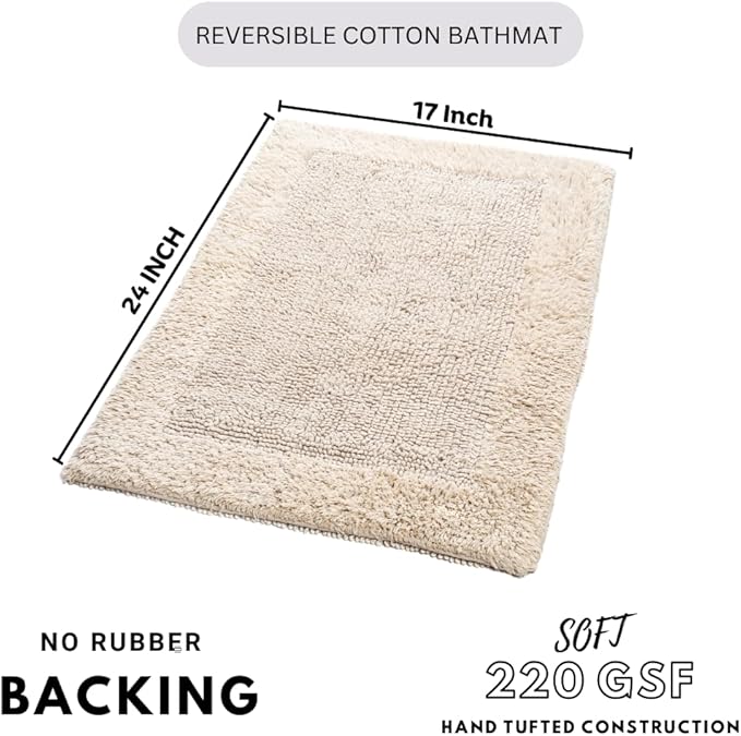 Savi Home Bath Mat Rug 17x24 Linen, 100% Pure Cotton, Super Soft Bath Rug, Plush & Absorbent, Hand Tufted Heavy Weight Construction, Full Reversible Step Out Rugs