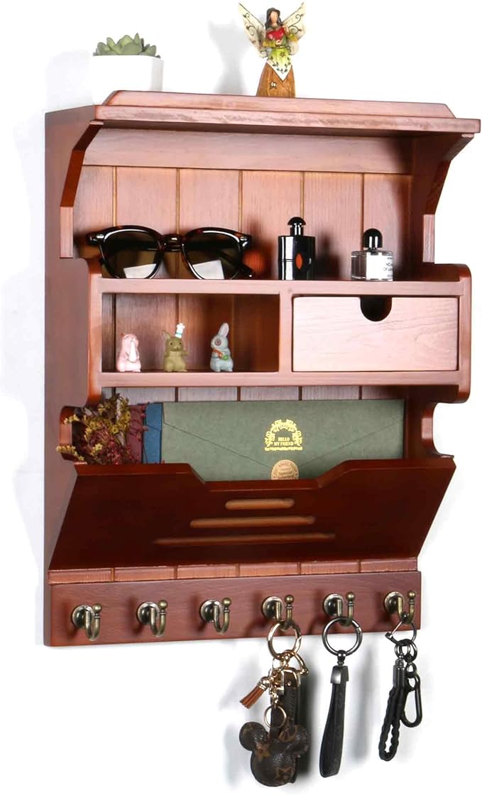 Key Holder for Wall, Mail and Key Holder, Mail Organizer Wall Mount with Storage Drawer and 6 Hooks, Easy Installation Key Rack for Entryway and Home Decor, Luxury Auburn