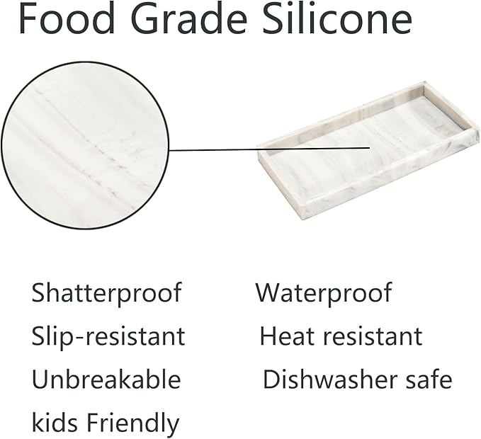 DNC 2PC 7.9" Small Silicone Bathroom Tray for Counter, Vanity Tray for Countertop, Kitchen Sink Soap Tray for Dish Holder Dispenser Toilet Tank Desk Organizer Marble White