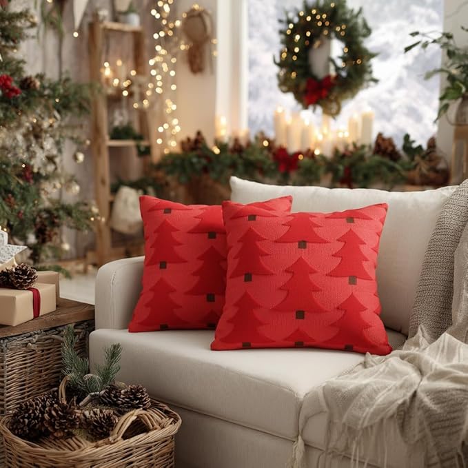 GEEORY Christmas Pillow Covers 18x18 Inch Set of 2, Christmas Decorations Xmas Tree Soft Plush Fluffy Faux Fur Decorative Throw Pillows Rustic Winter Decor Cushion Case Red Brown GC035-18