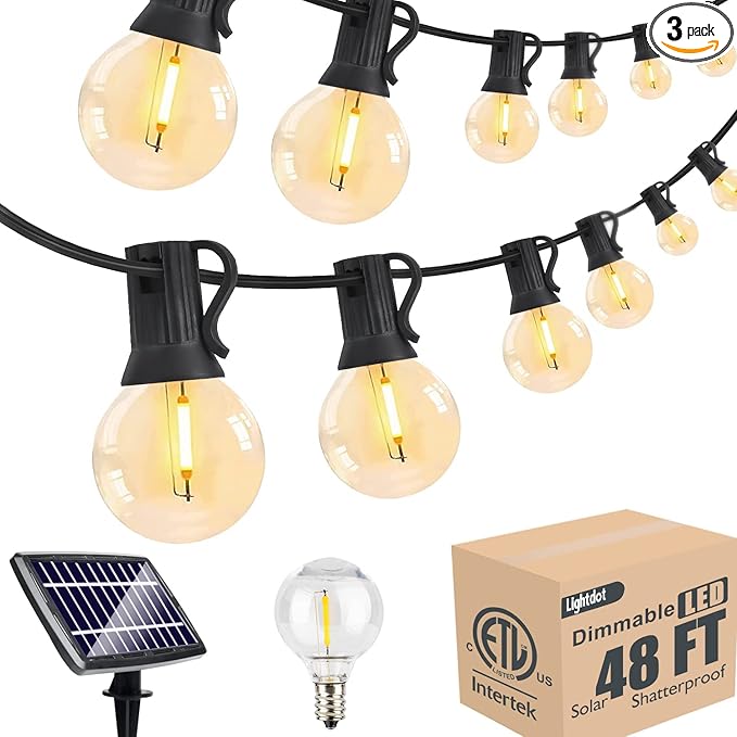 Lightdot 48FT Solar Outdoor String Lights,LED Bistro String Lights with Shatterproof G40 Bulbs, 2700K Dimmable, Waterproof Hanging Lights for Porch, Party, Garden, Backyard, Balcony