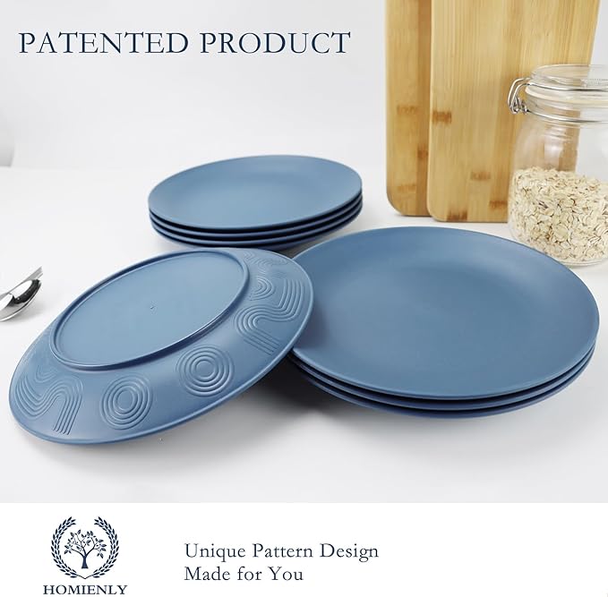 Homienly Flat Dinner Plates Set of 8 Alternative to Plastic Plates Microwave and Dishwasher Safe Wheat Straw Plates for Kitchen Unbreakable Plates for Camping, Salad(Blue, 10 inch)