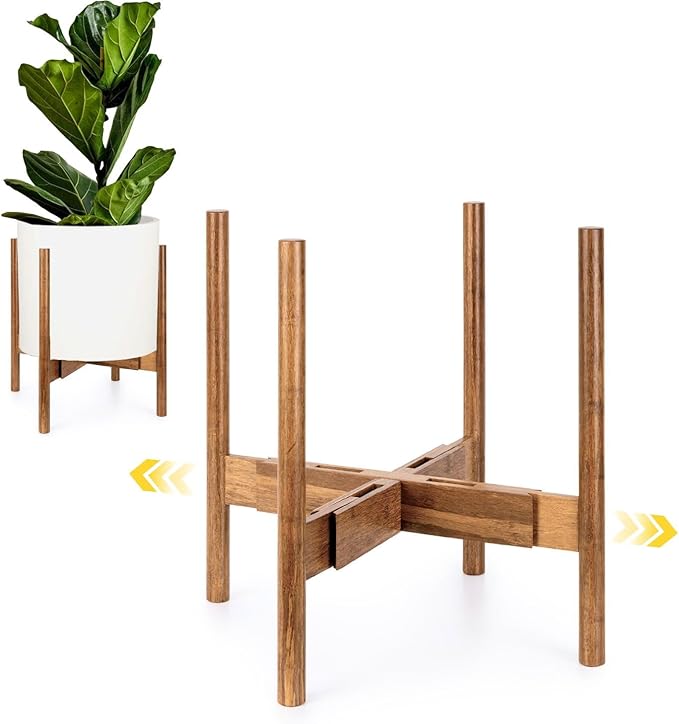 Fox & Fern Large Adjustable Plant Stand Indoor — 11 to 15 Inch Premium Mid Century Bamboo Plant Stand; Plug In Design; Easy to Assemble; Two Heights - For 11, 12, 13, 14 & 15 Inch Pots (Not Included)