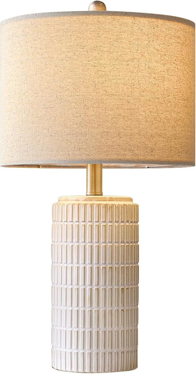 PoKat 23'' Bedside Table Lamp for Bedroom Nightstands, Ceramic Lamp for Living Room, White Night Stand Light with Round Linen Shade, Modern, Silver