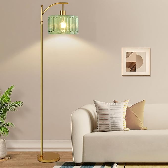 Floor Lamp for Living Room,Bedroom,Gold Dimmable Standing Lamp with Remote,Mid Century Modern Brass Tall Lamp Retro Vintage Glass Lamp Floor Light Boho Bohemian
