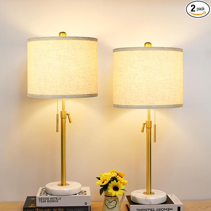 Table Lamp Set of 2: 22" to 30" Height Adjustable Pull Chain Switch for Living Room Bedroom End Table, Marble Base Beige Linen Shade Gold Nightstand Lamp for Office, Bedside Table (Gold, Beige Shade)
