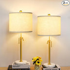 Table Lamp Set of 2: 22" to 30" Height Adjustable Pull Chain Switch for Living Room Bedroom End Table, Marble Base Beige Linen Shade Gold Nightstand Lamp for Office, Bedside Table (Gold, Beige Shade)