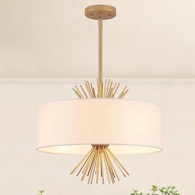 Drum Chandelier, 17.71” Gold Chandelier Farmhouse Pendant Light Fixture 4-Light with White Linen Shade, Adjustable Height Chandeliers for Dining Room Kitchen Living Room Bedroom, UL-Listed