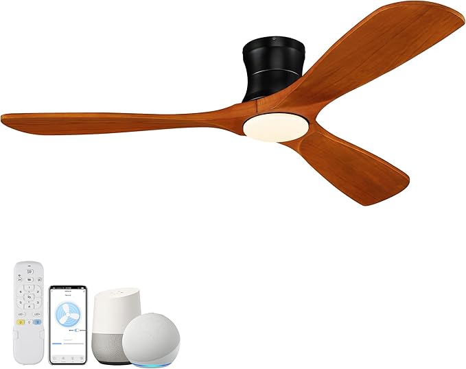 Smart 52” Wood Flush Mount Ceiling Fans with Lights Remote,Quiet DC Motor,Outdoor Indoor Low Profile Ceiling Fan,Voice Contorl with WIFI Alexa App Control,Modern fan for Bedroom Patio