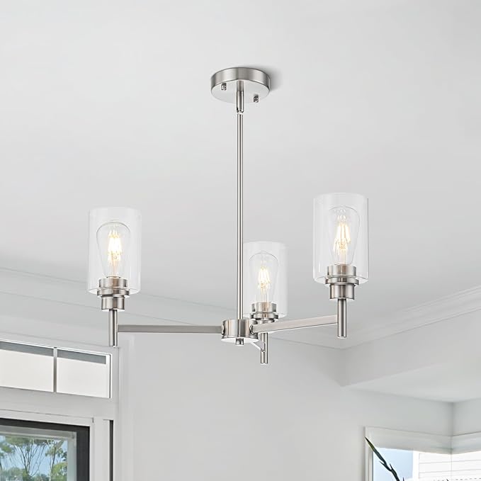 Brushed Nickel Chandeliers for Dining Room Farmhouse Chandelier Fixture with Clear Glass Shades 3 Light Kitchen Island Lighting Pendant Light Fixture for Dining Room Living Room Bedroom