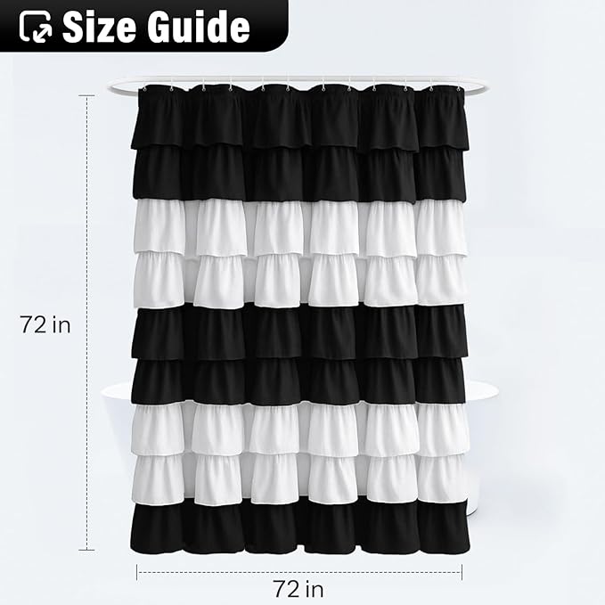 Seasonwood Ruffle Shower Curtain Black and White Shower Curtain Farmhouse Vintage Handcrafted Rustic Decorative Fabric Shower Curtains Girly Modern Bathroom Curtain, 72" x 72"