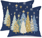 AACORS Christmas Pillow Covers 16X16 Set of 2,Watercolor Christmas Tree Stars Decoration Holiday Farmhouse Winter Pillow Case for Sofa Couch Decor(Blue) AA608-16-2