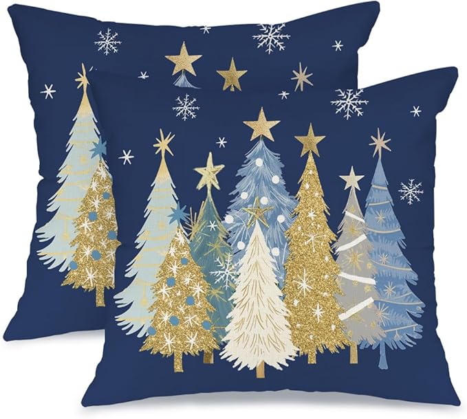 AACORS Christmas Pillow Covers 16X16 Set of 2,Watercolor Christmas Tree Stars Decoration Holiday Farmhouse Winter Pillow Case for Sofa Couch Decor(Blue) AA608-16-2