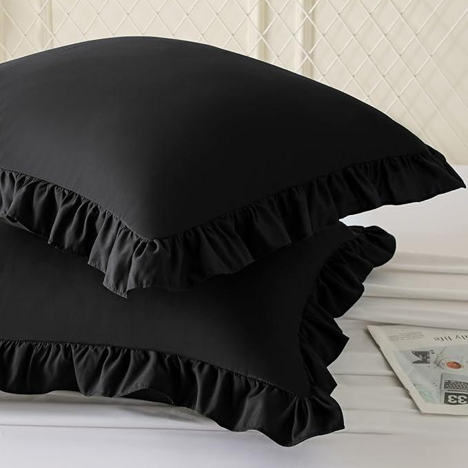 KKJIAF Ruffle Pillow Cases 18x18 Inches, Black Square Ruffled Pillow Covers Set of 2, Microfiber Wrinkle Resistant Pillow Shams with Envelope Closure for Sofa Bed Living Room