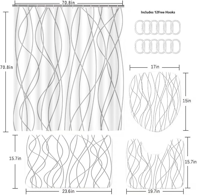 70.8x70.8 Inches Waterproof Shower Curtain Set, 12 Hooks, Gray and White Striped Design, Weighted Hem, Including Bath Mat, U-Shape Mat, and Toilet Lid Cover, Hotel Style Bath Accessories