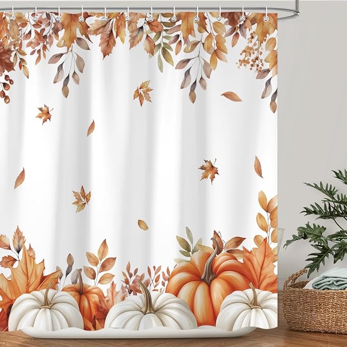 Fall Pumpkins Shower Curtain, Autumn Maple Leaf Leaves Harvest Thanksgiving Farmhouse Bathr Curtains Set,Waterproof Fabric Bathroom Curtains Decor 72 X 72 Inch
