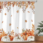 Fall Pumpkins Shower Curtain, Autumn Maple Leaf Leaves Harvest Thanksgiving Farmhouse Bathr Curtains Set,Waterproof Fabric Bathroom Curtains Decor 72 X 72 Inch