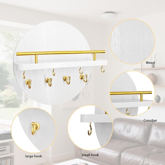 Key Holder Wall Mount with Shelf and Hooks, 11.8 Inch Entryway Gold Key Rack Hanger, Rustic Key Holder for Wall Decor