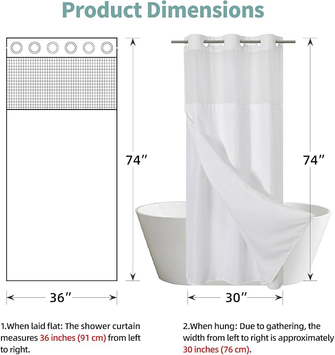 White No Hook Waffle Weave Shower Curtain with snap-in Liner Replacement, 230GSM Waterproof Fabric Hotel Shower Curtain Set for Bathroom, Through Mesh Top Window,36Wx74H