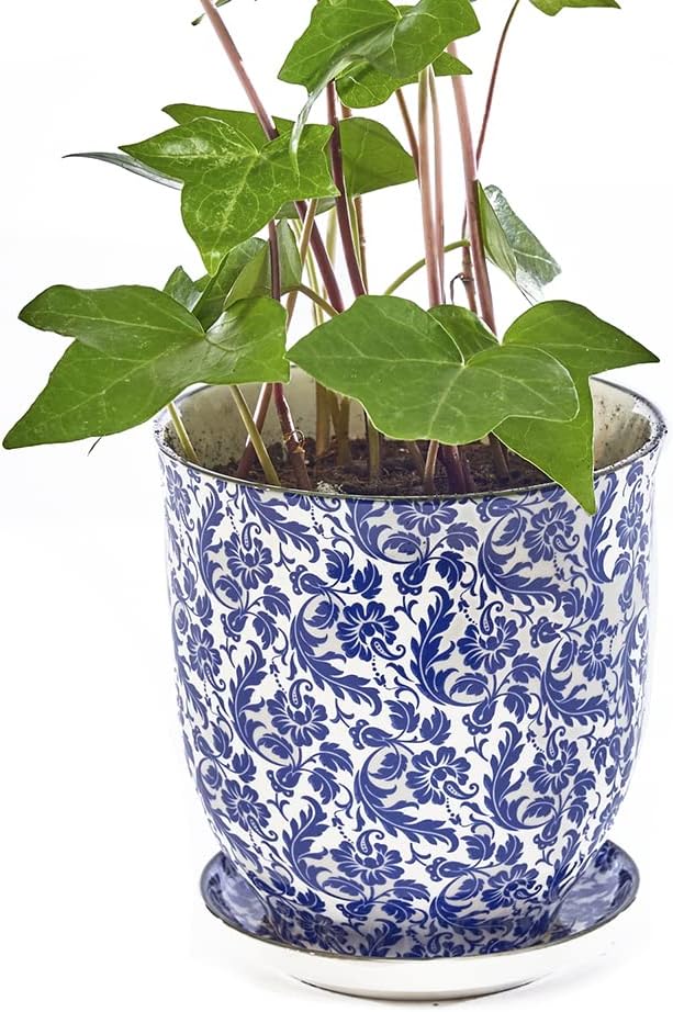 CHIVE ‘Liberte’ Ceramic Succulent Pots — 4.25” Cute Vintage Farmhouse Style Planters for Indoor Plants — Beautiful Home & Kitchen Decor — Blue Leaves