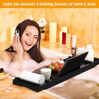 Bamboo Bathtub Tray for Luxury Bathroom, Expandable Premium Bath Tray w/Soap Towel Book Holder, Adjustable Bath Accessories for Tub,Extendable Tub Tray with Wine Glass Cup Organizer 29.5"-43.3" Black
