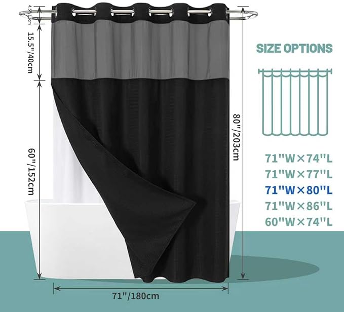 Black Long No Hook Waffle Weave Shower Curtain with snap-in Liner Replacement, 230GSM Waterproof Fabric Hotel Shower Curtain Set for Bathroom, Through Mesh Top Window,71Wx80H