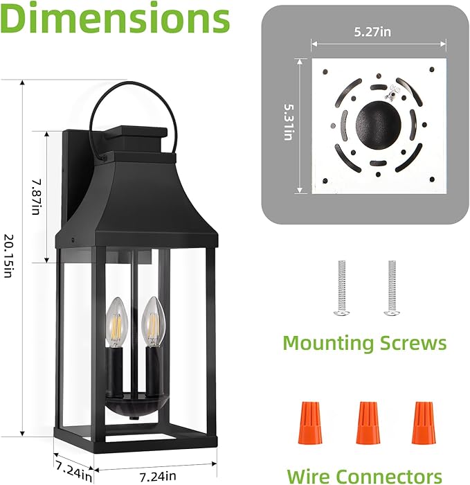 tewei 20'' Outdoor Wall Light, Porch Light Outdoor Wall Sconce Lantern, 2-Light Modern Black Exterior Lighting Fixture Wall Mount, Outside Light for House Garage, 1-Pack