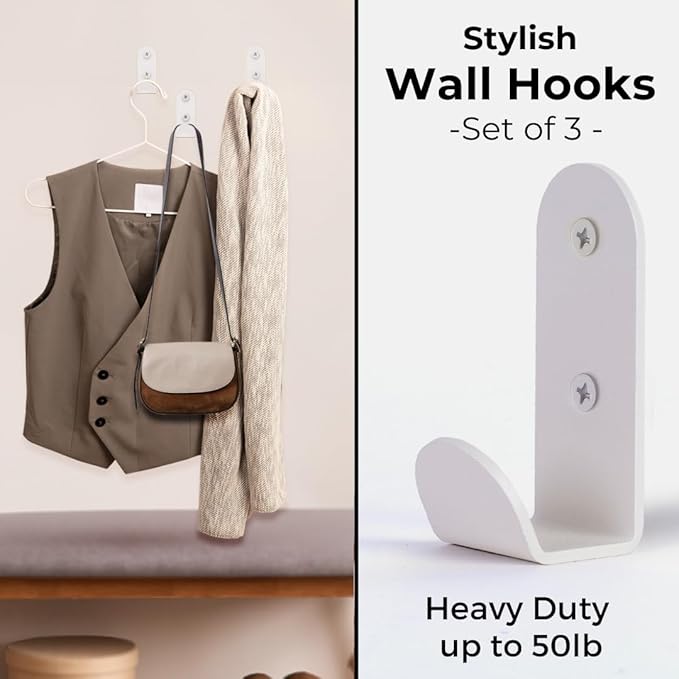 Heavy-Duty White Wall Hooks for Hanging (Set of 3) – Stylish & Sturdy Metal Hooks for Coats, Backpacks, Towels & Bags | Decorative Modern Hooks for Entryways, Bathrooms & Kids’ Rooms