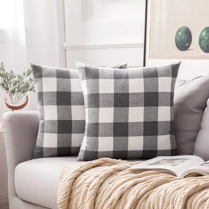 MIULEE Pack of 2 Classic Farmhouse Buffalo Check Plaids Polyester Linen Soft Solid Grey and White Decorative Throw Pillow Covers Home Decor Outdoor Cushion Case for Sofa Bedroom 24 x 24 Inch