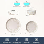 Artena Plates And Bowls Sets, 16 Pieces Dinnerware Sets, Dish Set For 4, Ceramic Kitchen Bowl And Plate Set, Embossed White Dishware Sets, Dishwasher & Microwave Safe (Pinwheel Flower)