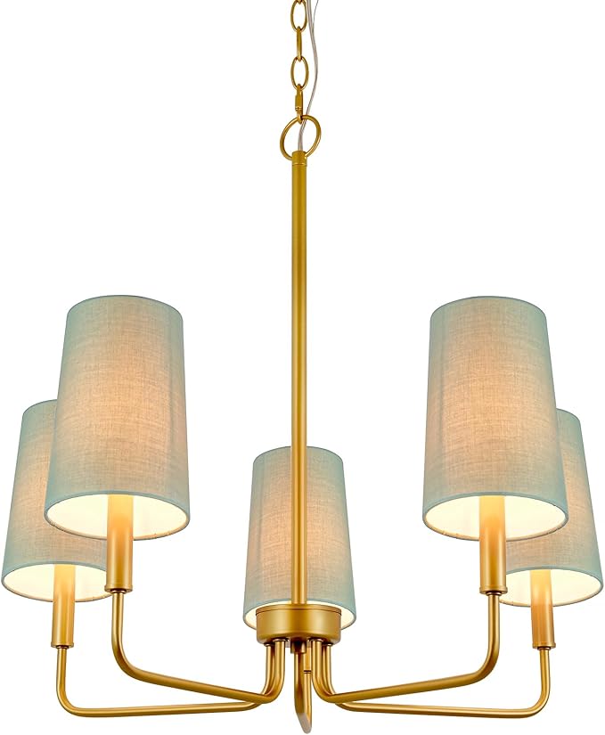 Chandelier, Gold with Muted Green Linen Fabric Shade, Farmhouse Linear Island Lighting Fixture for Kitchen, Dining Room