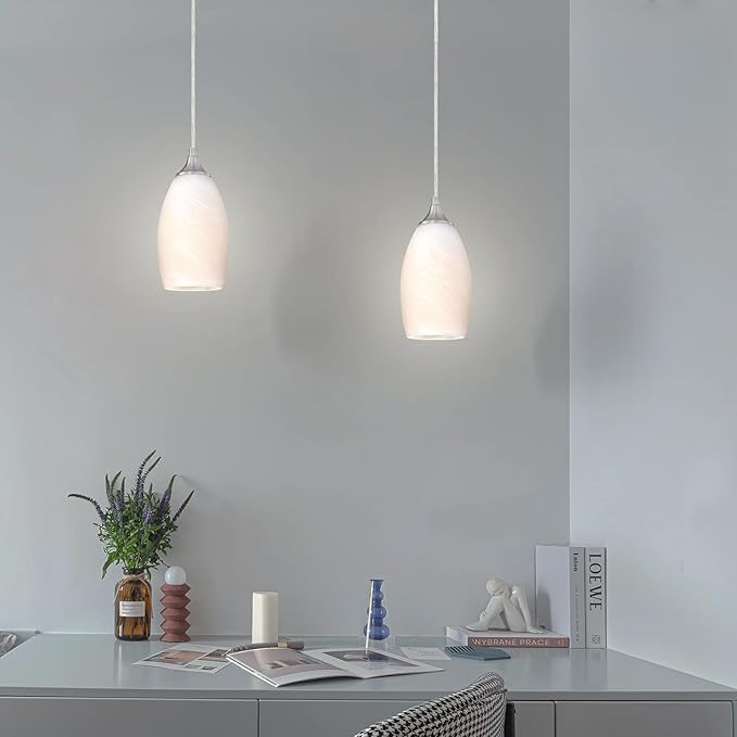 2 Pack 1 Light Indoor Mini Hanging Kitchen Island Pendant Lamps 4.75" Handcrafted Frosted Glass Chandelier Shade Brushed Nickel Finish Bar Dining Room Over Sink