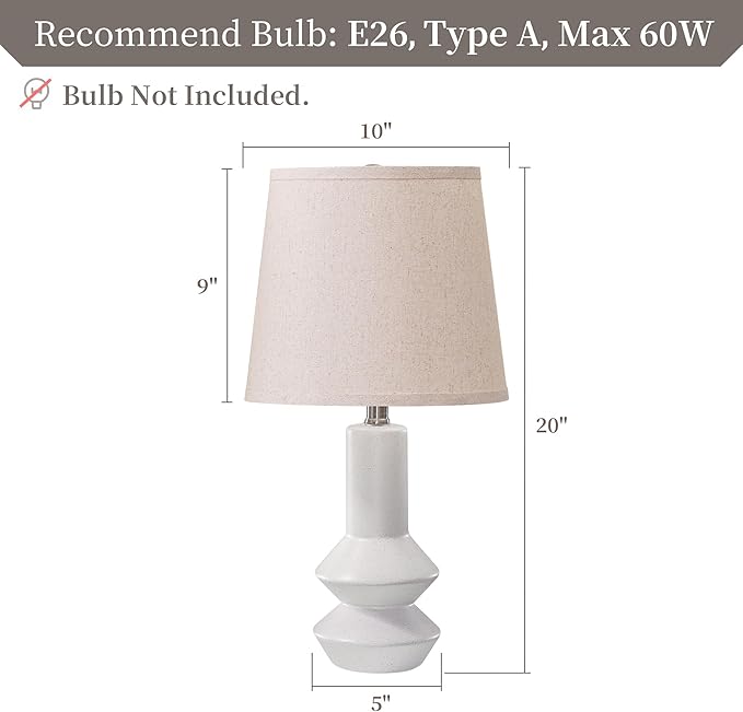 20 Inch White Ceramic Table Lamp Set of 2 with Oatmeal Fabric Shade, 3-Way Dimmable Small Bedside Lamp for Bedroom, Office, Living Room & Nightstand