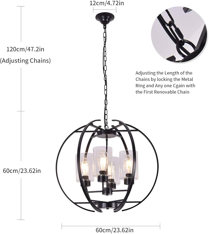 Farmhouse Black Chandelier Globe 24" Pendant Lighting with Clear Glass Shade Hanging Ceiling Light Fixture for Dining Room Living Room Foyer Kitchen Island