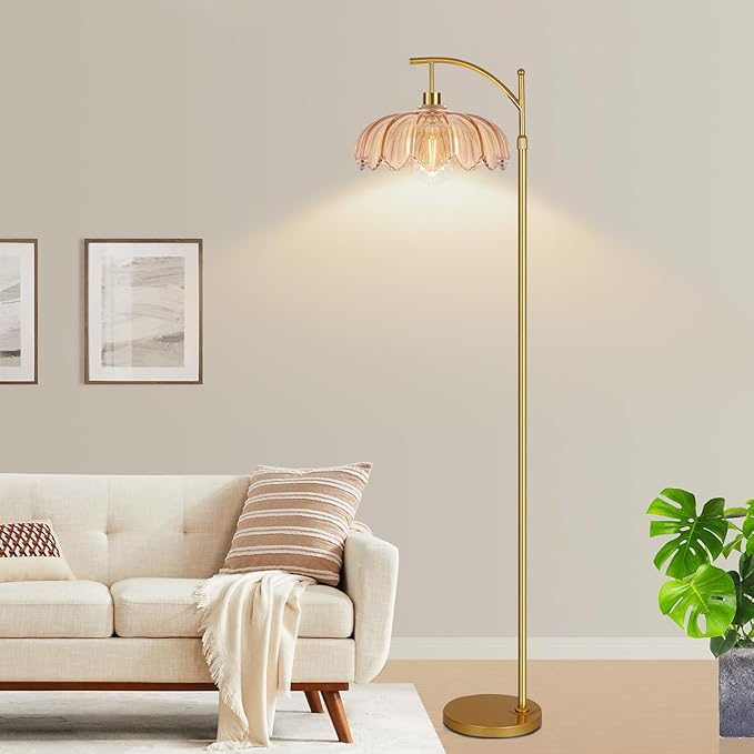 Floor Lamp for Living Room,Bedroom,Gold Dimmable Standing Lamp with Remote,Mid Century Modern Brass Retro Vintage Glass Tall Floor Light Boho Bohemian